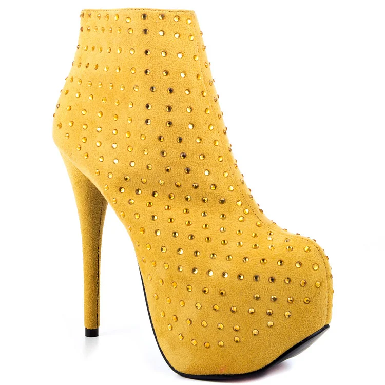 Yellow Rhinestone Fashion Boots Stiletto Heel Platform Ankle Boots |FSJ Shoes