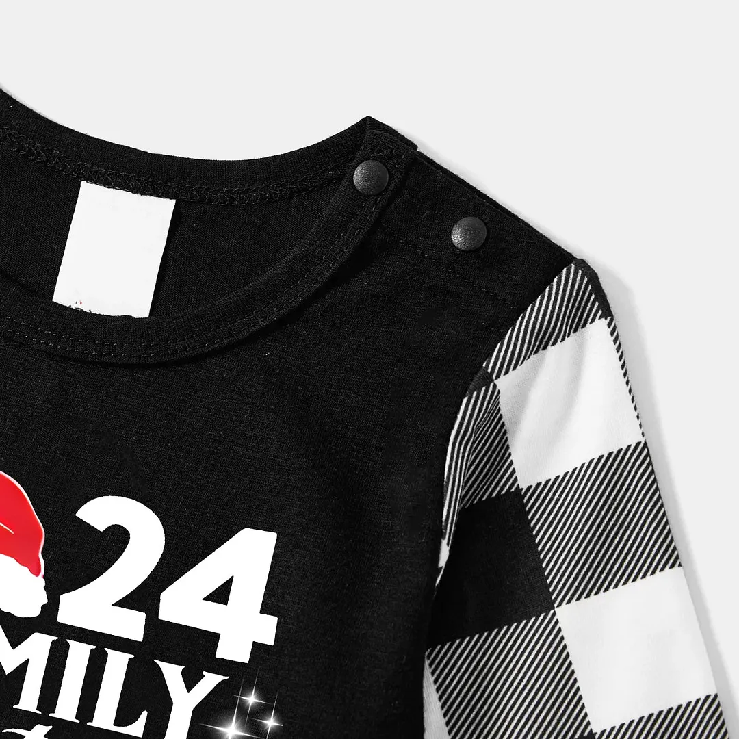 "2024 Family Christmas" Letter Print Black Long Sleeve Top with Black And White Plaid Pants Family Matching Pajamas