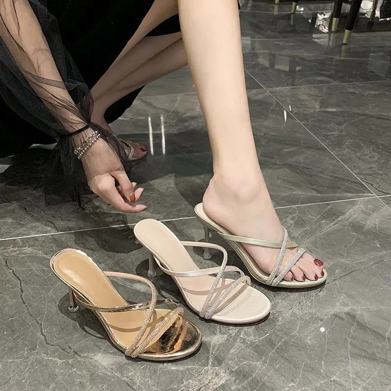Breakj Breakj Sandals Water Drill Women's Fine And Exposed Toe 2025 Summer New One-Word With Half-Slippers Wearing Net Red Tide