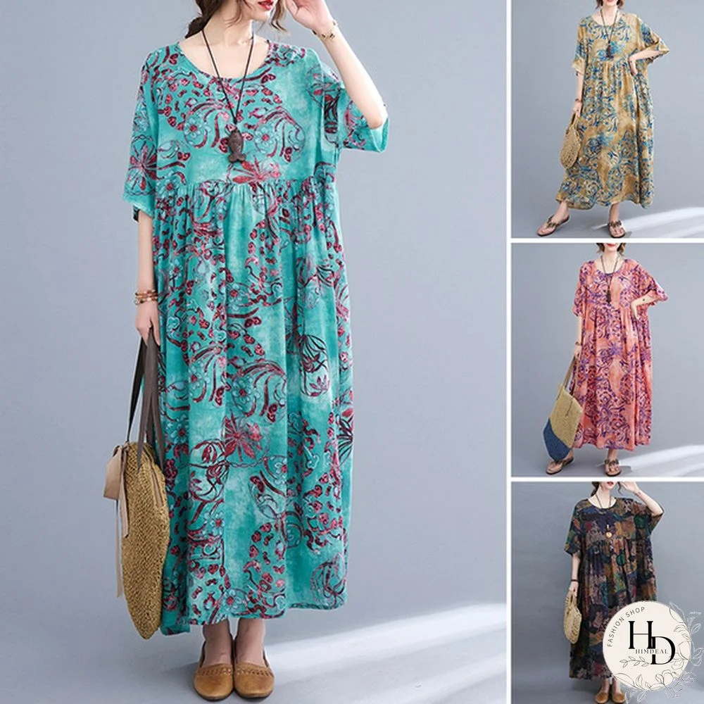 ZANZEA Women Summer Short Sleeved Plus Size Casual Loose Robes Dresses Holiday Long Dress