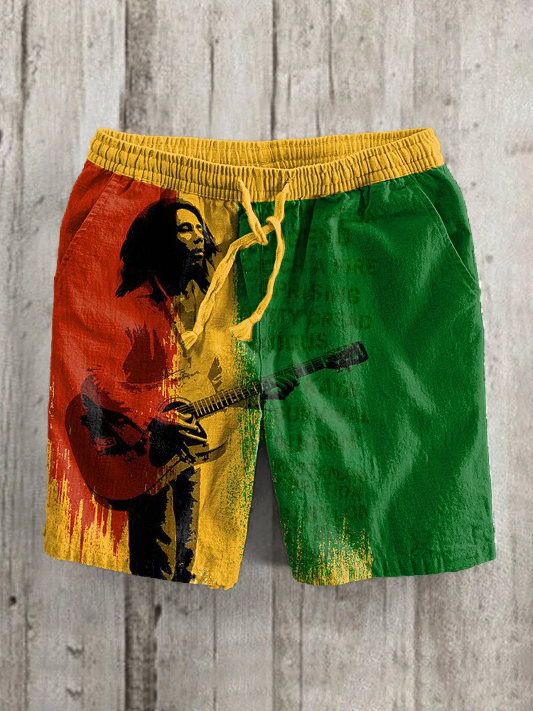 Reggae Music Bob Marley Print Linen Blend Casual Shorts