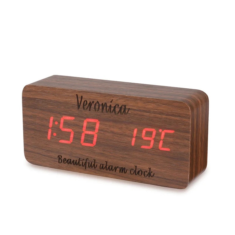 Personalized Wooden Clock Digital Cube Alarm Brown Gifts