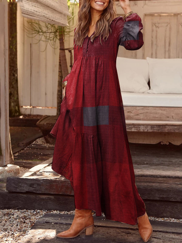 Women's Long Sleeve V-neck Graphic Plaid Print Maxi Dress