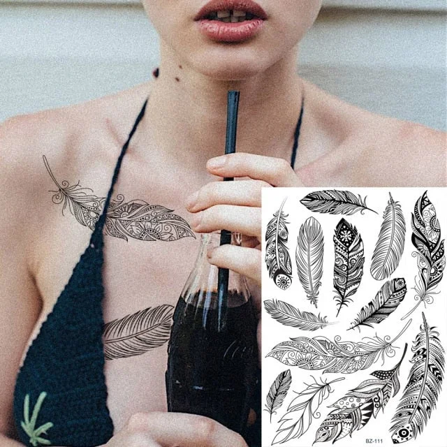 REJASKI Black Henna Lace Temporary Tattoos Sticker For WOmen Butterfly Moth Mehndi Flower Fake Tatoo Sticker Feather Flora Tatoo