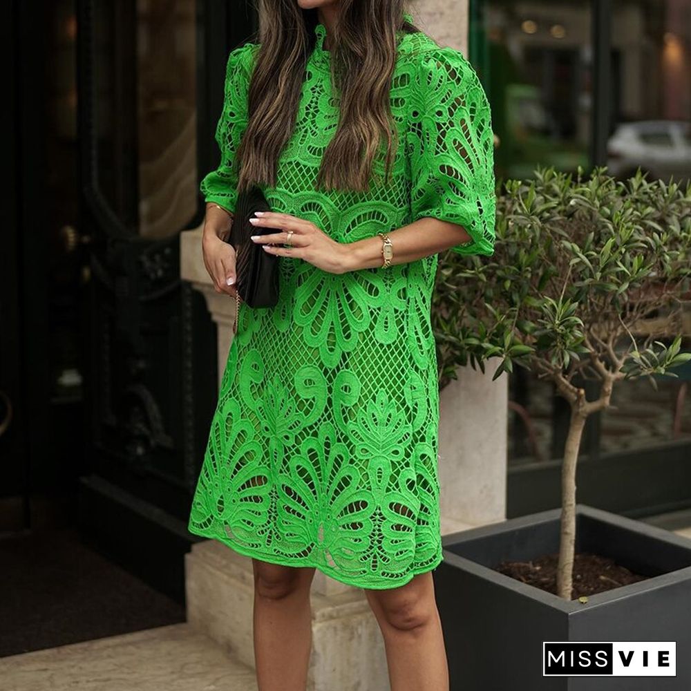 New Fashion Petal Collar Lace Mini Party Dress Sexy Solid Half sleeve Hollow Out Elegant