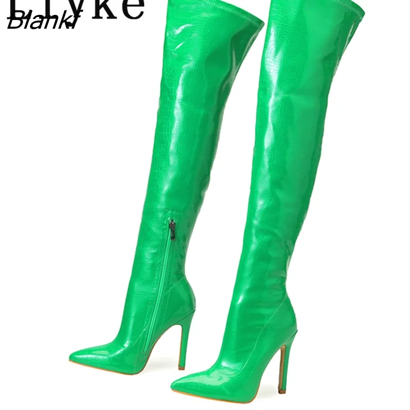 Blankf Runway Style Green Snake Print Leather Thigh High Boots Women Stiletto Heels Winter Pointed Toe Zip Over The Knee Shoes