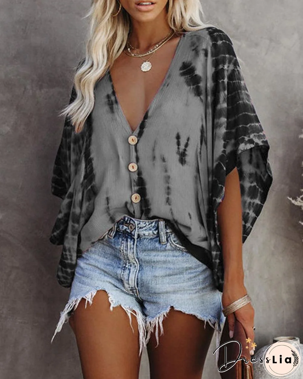 Bat Sleeve Tie-dye Print Blouse P10154