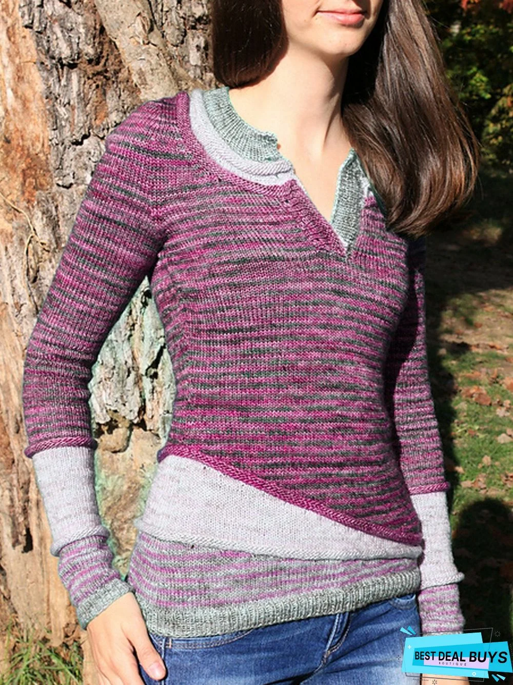 Blue Casual Plain Paneled Sweater