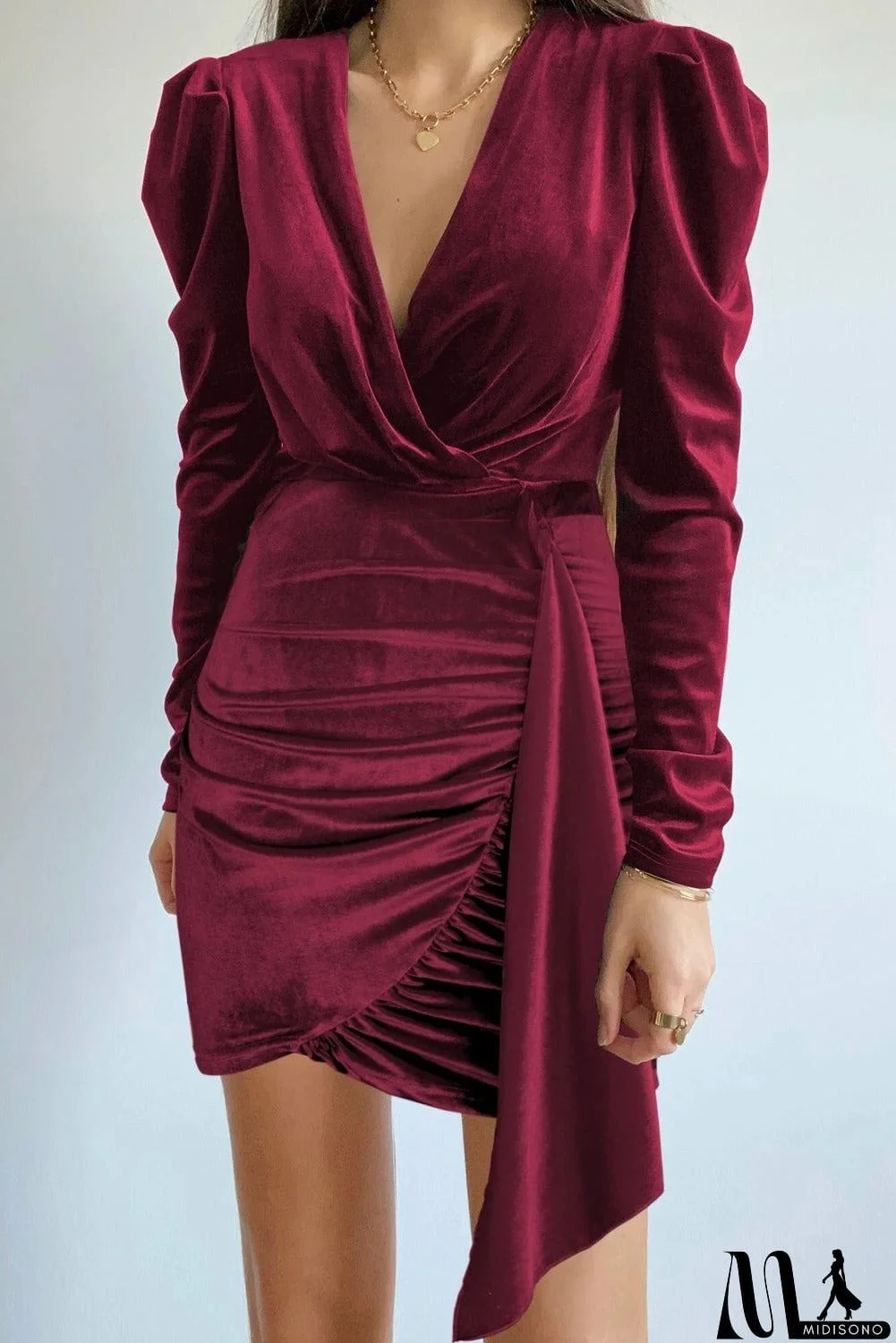 MidiSono - Wrap V Neck Long Sleeve Ruched Velvet Mini Dress