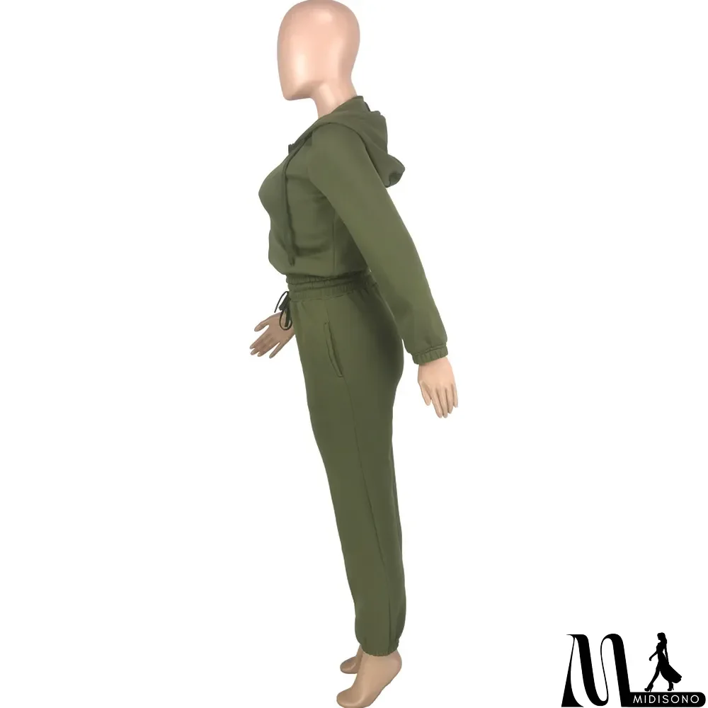 MidiSono - Plush Solid Tank Tops+Hooed Zipper Coat+Pants Sports Three Piece Set