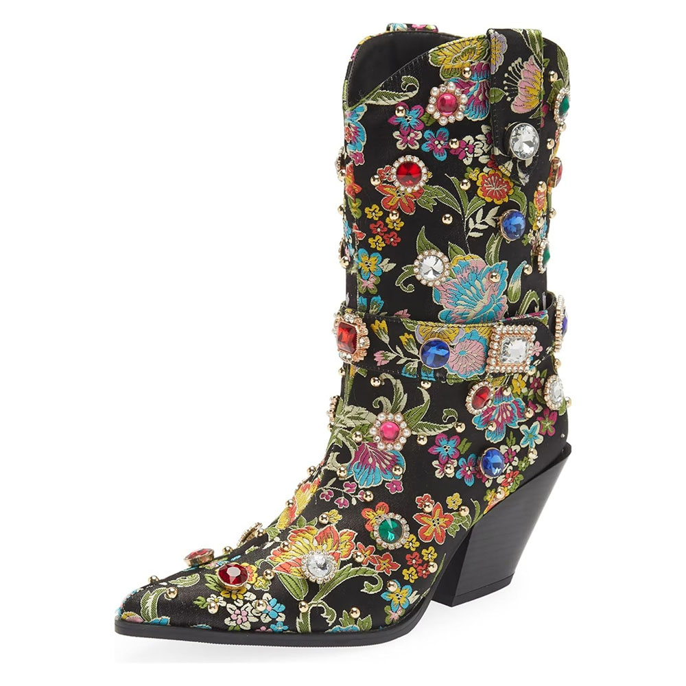 Black Embroidered Crystal Chunky Heel Studded Flower Cowboy Boots Nicepairs