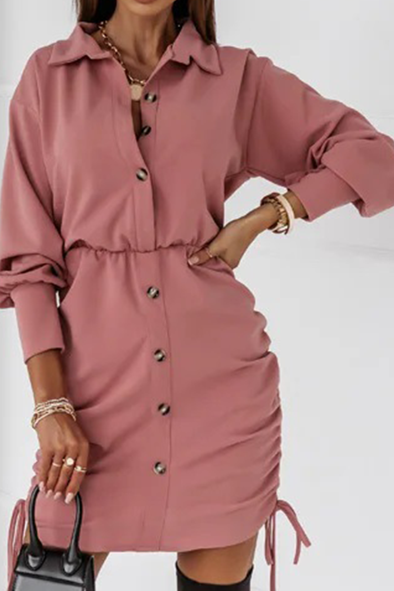 Elegant Solid Draw String Buckle Turndown Collar Shirt Dress Dresses