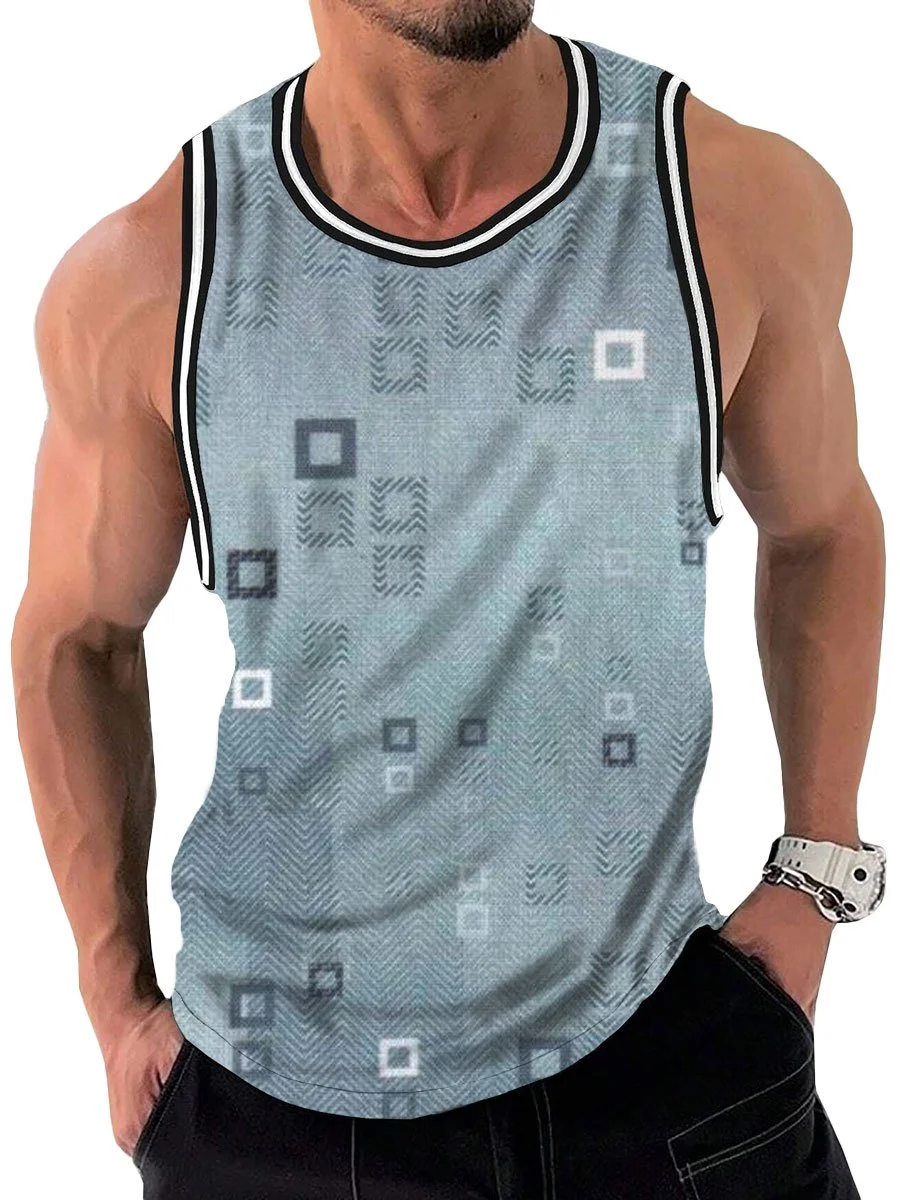 Men's Geometric Herringbone Print Casual Round Neck Tank Top