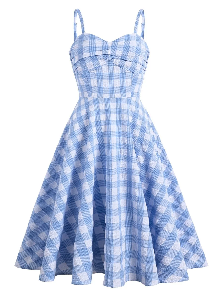 1950's Dresses Spaghetti Strap Blue White Plaid Zipper Back Swing Dresses