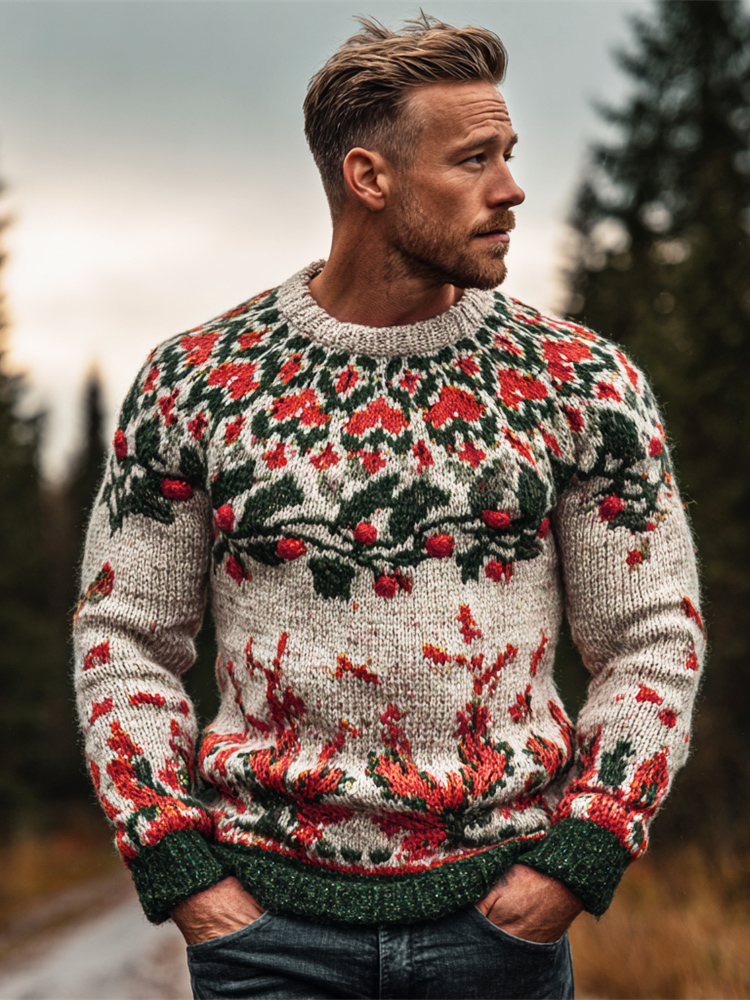 Vintage Christmas Holly Leaf Men's Icelandic Sweater elevenforest