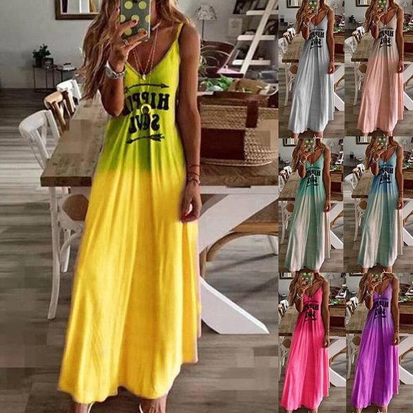 Women's Dresses Summer New Fashion Women's Letter Printed Spaghetti Strap Casual Sleeveless Dress Loose Plus Size Soft and Comfortable Thin Super Lightweight Summer Dress Elegant Long Dress - Life is Beautiful for You - SheChoic