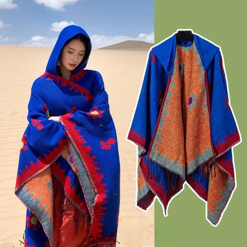 Ethnic Style Hooded Cape Women’s Yunnan Tibet Western Sichuan Grassland Bohemia Travel Wear Scarf Coat