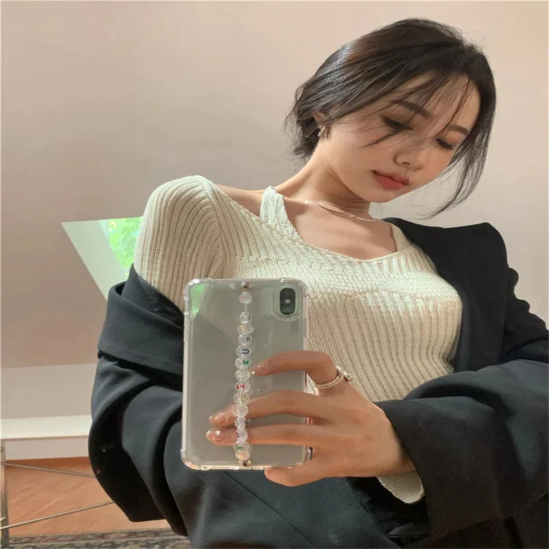 Uveng Uveng Two Knitted Shirt Women Spring New Sexy Slimy V Collar Hanging Neck Long Sleeve Bottom Shirt