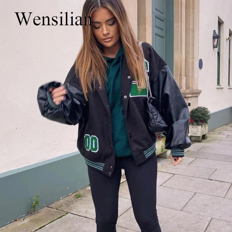 College Bomber Jacket Women Coats Hip-Hop Baseball Harajuku Streetwear Casual Outerwear Loose Stitching IG Style Varsity Jacket