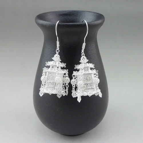 Handmade Filigree Craft Silver Palace Lantern Earrings Chinese Style Fine Silver Earrings Gift