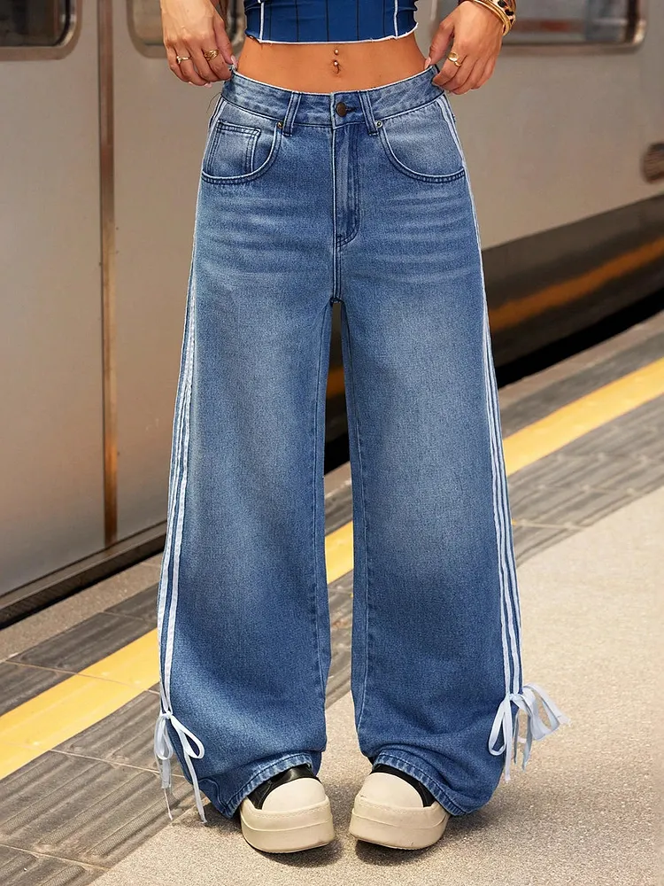 High Waisted Wide Leg Contrast Color Pockets Tied Jean Pants Bottoms