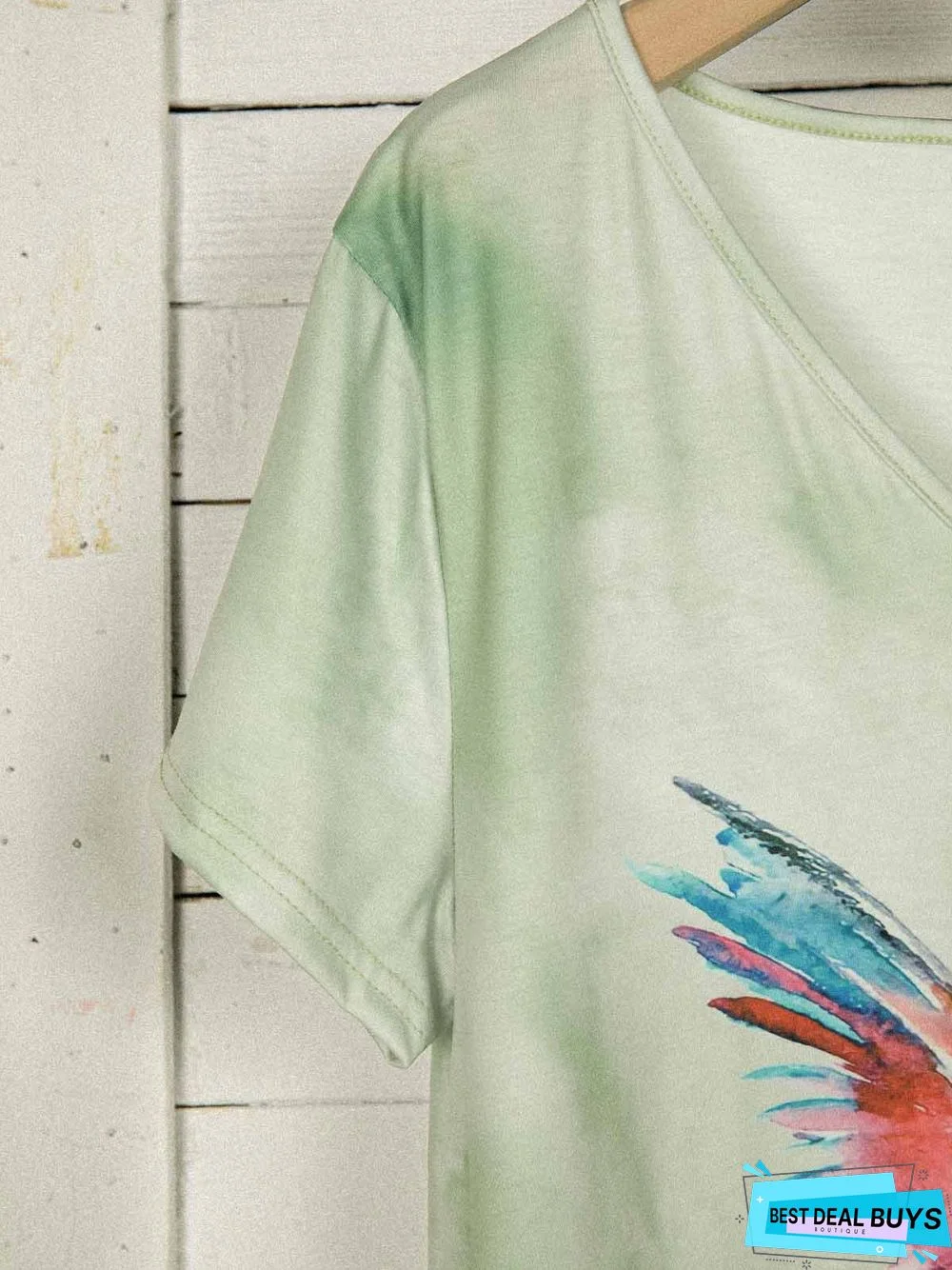 Bird Print V Neck Cotton-Blend Short Sleeve T-Shirts