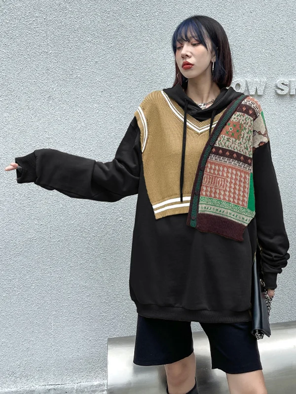 Retro Loose Stitching Casual Hoodie - yankia