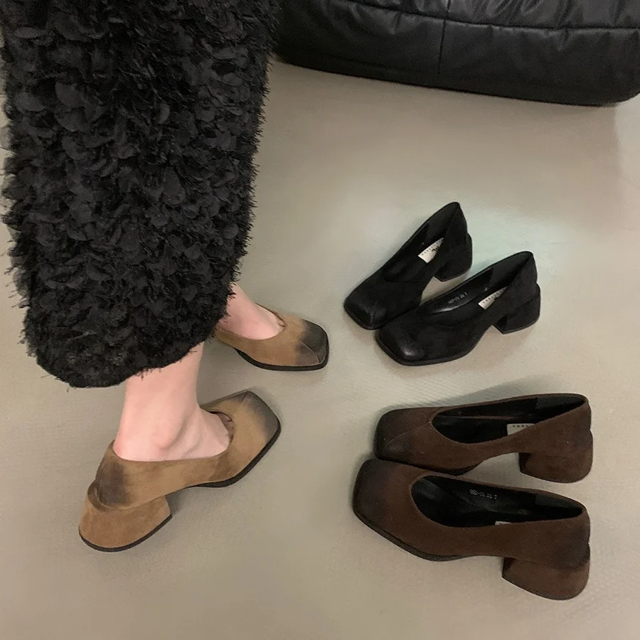 Wongn Thick Heel Black Square Head Temperament Single Women's Shoes 2024 New Retro Shallow Mouth Evening Style High Heels
