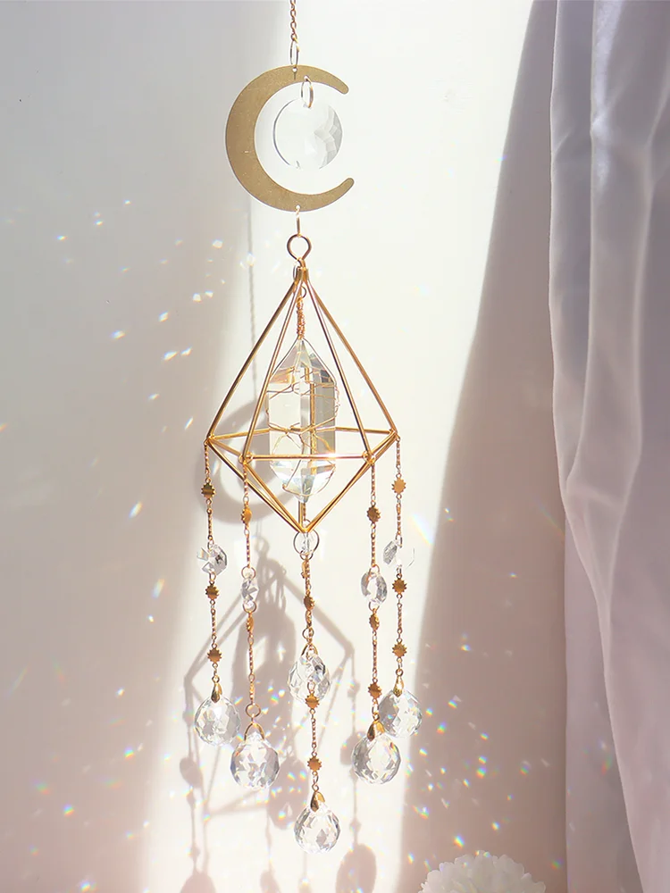 Metal Rainbow Collection Hanging Hexagon Moon Crystal Prisms Wind Chimes