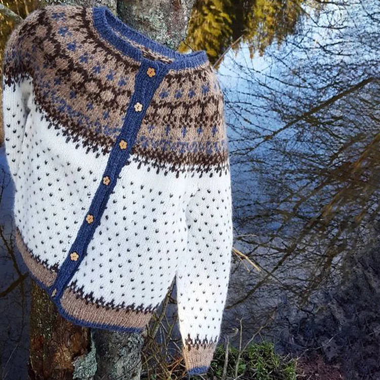 VChics Vintage Icelandic Tribal Button Color Block Cozy Sweater Cardigan