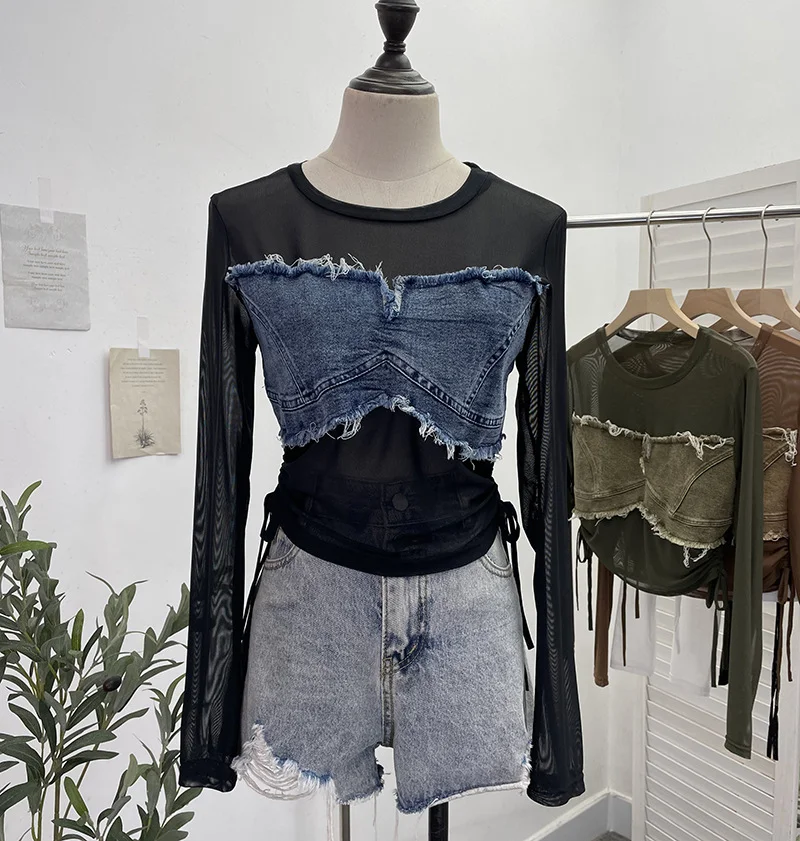 Uveng Vintage Spice Girls Stomee Net Yarn Sexy Perspective Drawstring Long-Sleeved T-Shirt Top 2630