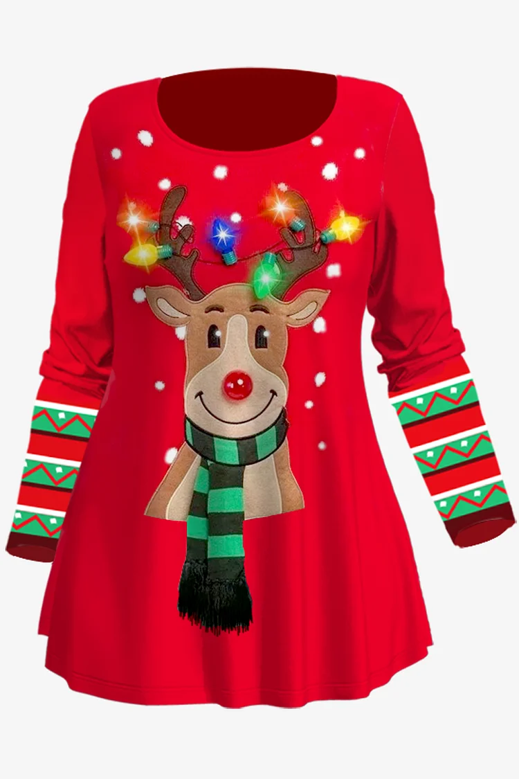 Flycurvy Plus Size Christmas Red Colorblock Elk Snowflake Striped Print Long Sleeve T-Shirt  Flycurvy [product_label]