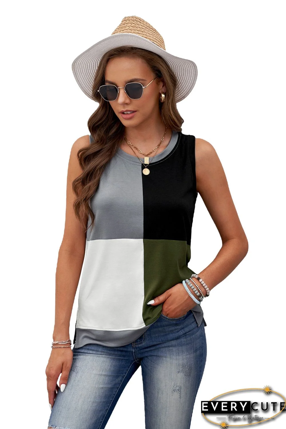 Green Crew Neck Color Block Tank