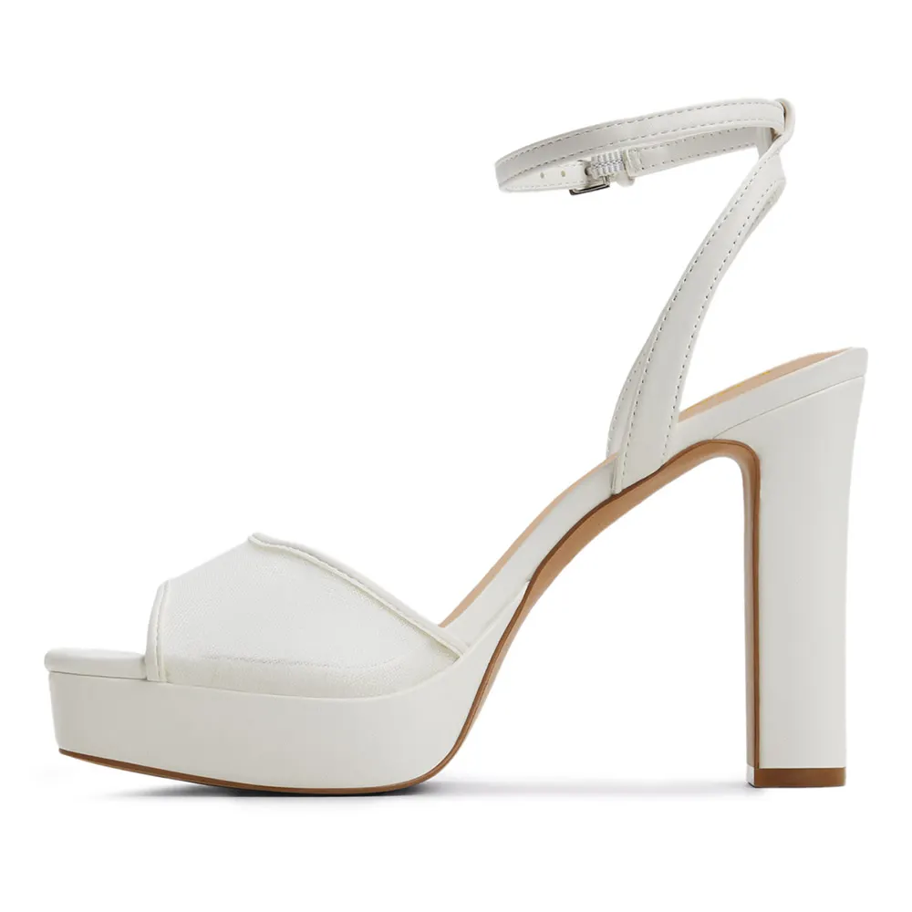 White Mesh Open Square Toe Ankle Strap Chunky Heel Platform Sandals