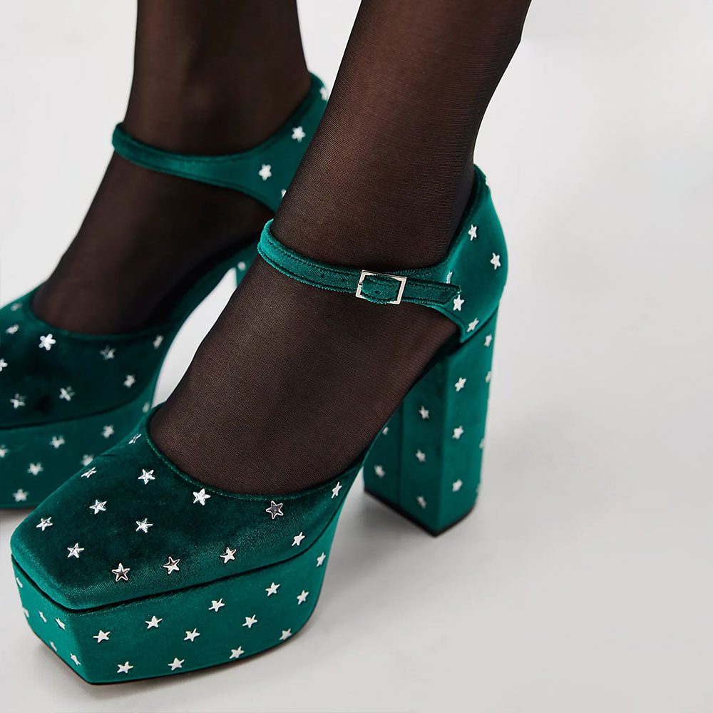 Green Stars Buckle Strap Square Toe Chunky Heel Platform Pumps Shoes Nicepairs