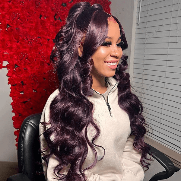 Grape Purple 13X4 Lace Frontal Wigs Dark Purple Body Wave Wig Transparent Human Hair Wig