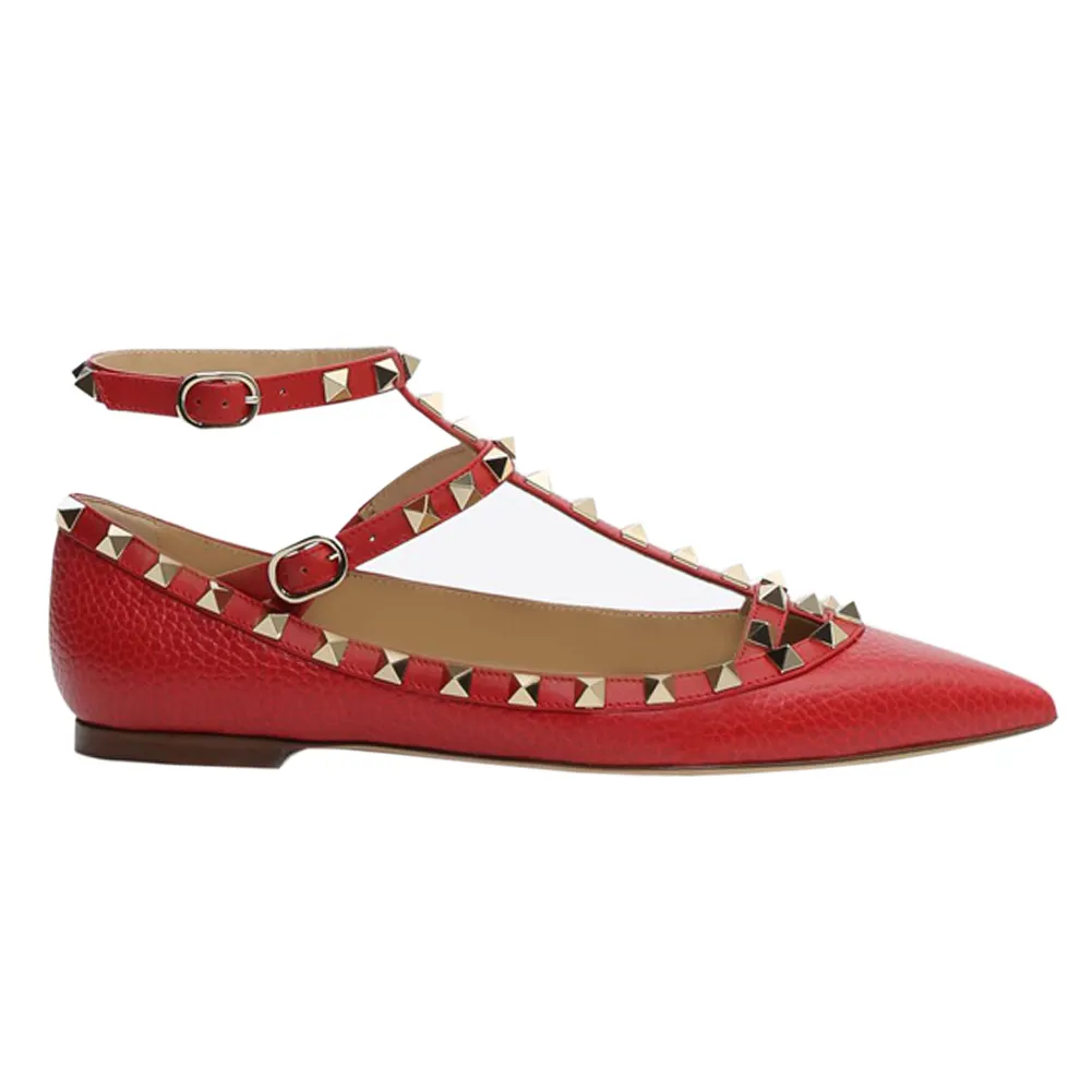 Women's Flats Rivets Rockstud Daily Pointed Toe Ballet Red Lichee Pattern Shoes-vocosishoes