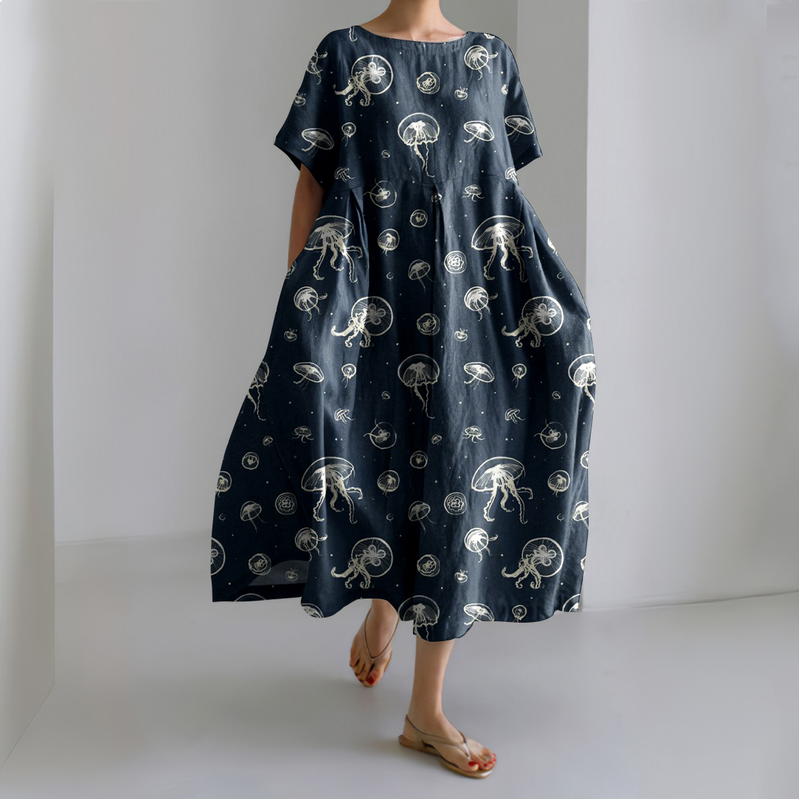 Comstylish Jellyfish Print Short Sleeve Loose Midi Dress