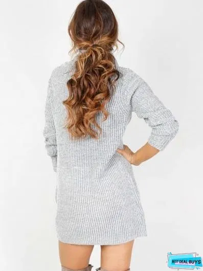 Fashion Long Sleeve Casual High Neck Striped Knit Sweater Dress