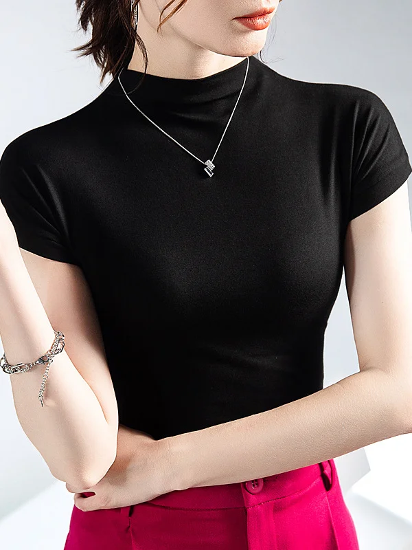 Solid Color Short Sleeves Skinny Mock Neck T-Shirts Tops