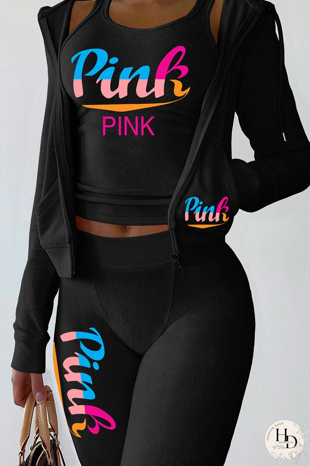 Pink Casual Print Patchwork Hooded Collar Long Sleeve Three Pieces