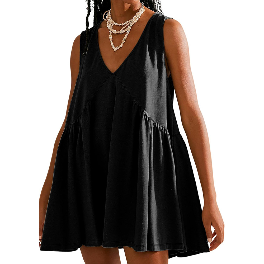 Mature Women Summer Pleated Pocket V-neck Sleeveless Dress
