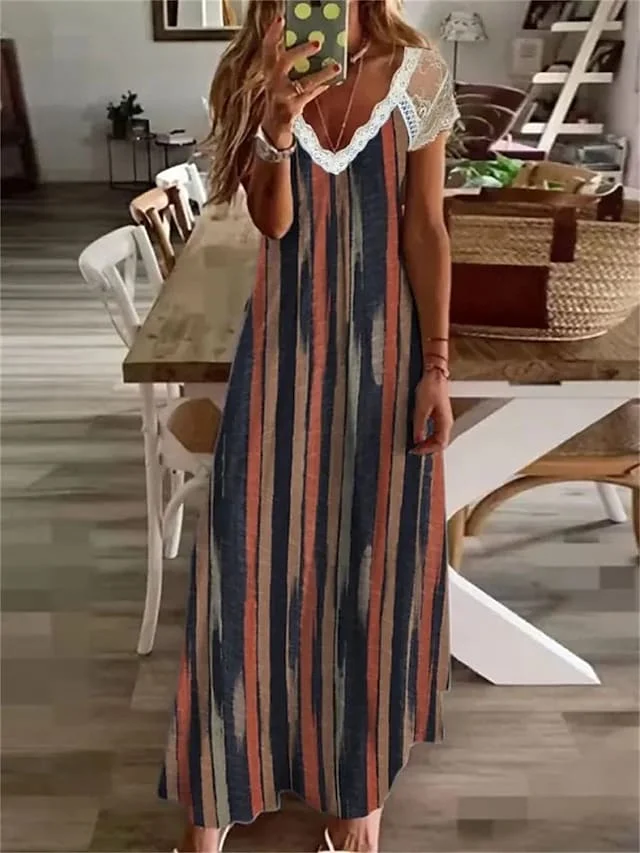 Women's Long Dress Maxi Dress Casual Dress Swing Dress Print Dress Print Casual Outdoor Daily Weekend Lace Patchwork Short Sleeve V Neck Dress Loose Fit Black White Red Spring Summer S M L XL XXL | IFYHOME