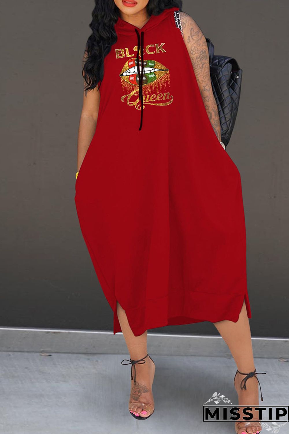 Red Casual Print Patchwork Hooded Collar Straight Dresses