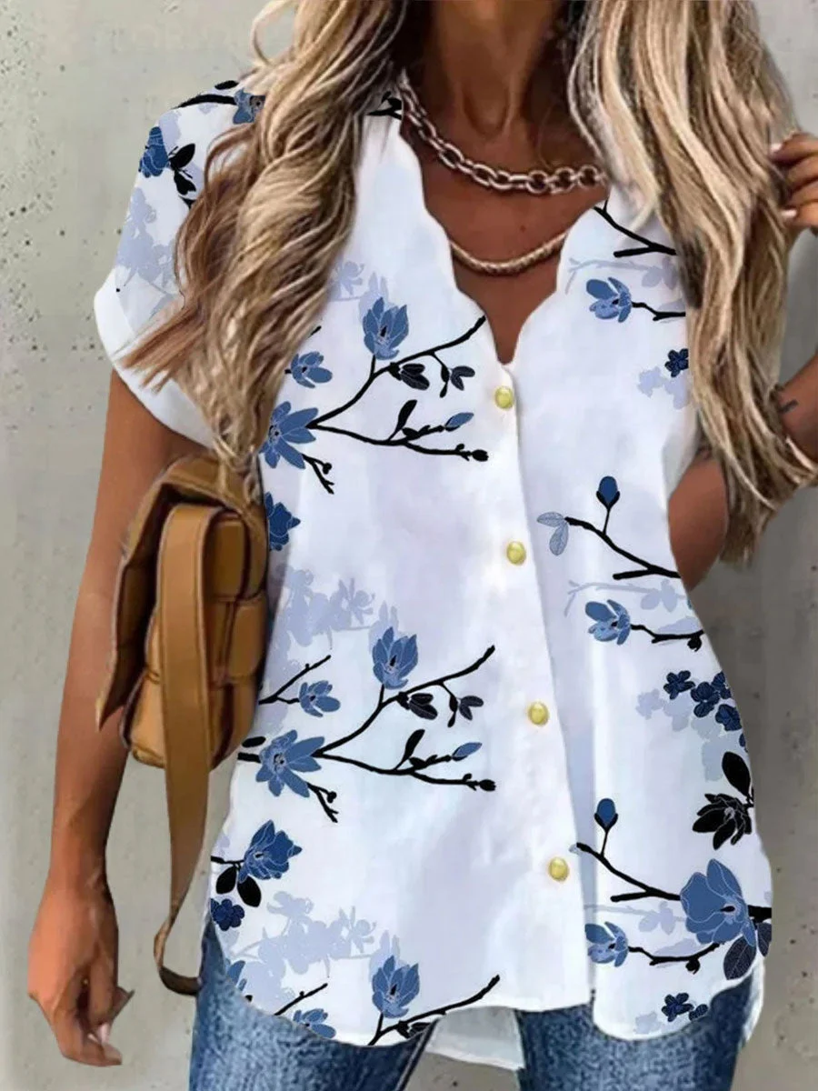 Women Short Sleeve Shirt Collar Floral Printed Button Top Shirts