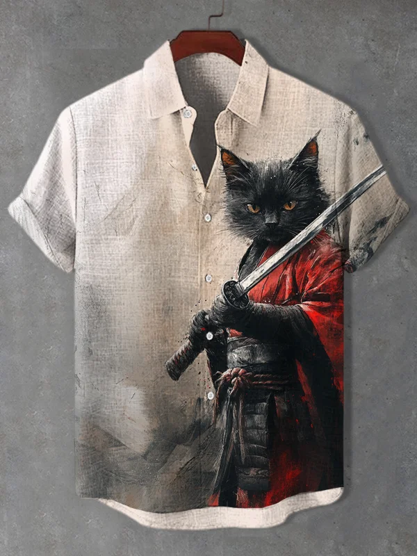 Men's Black Cat Samurai Ink Art Print Casual Shirt