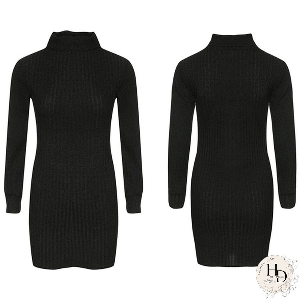 Women Autumn and Winter Long Sleeve Knitted Sweater Dress Ladies Fashion Keep Warm Knitting High Collar Slim Fit Bottoming Mini Knitting Dress