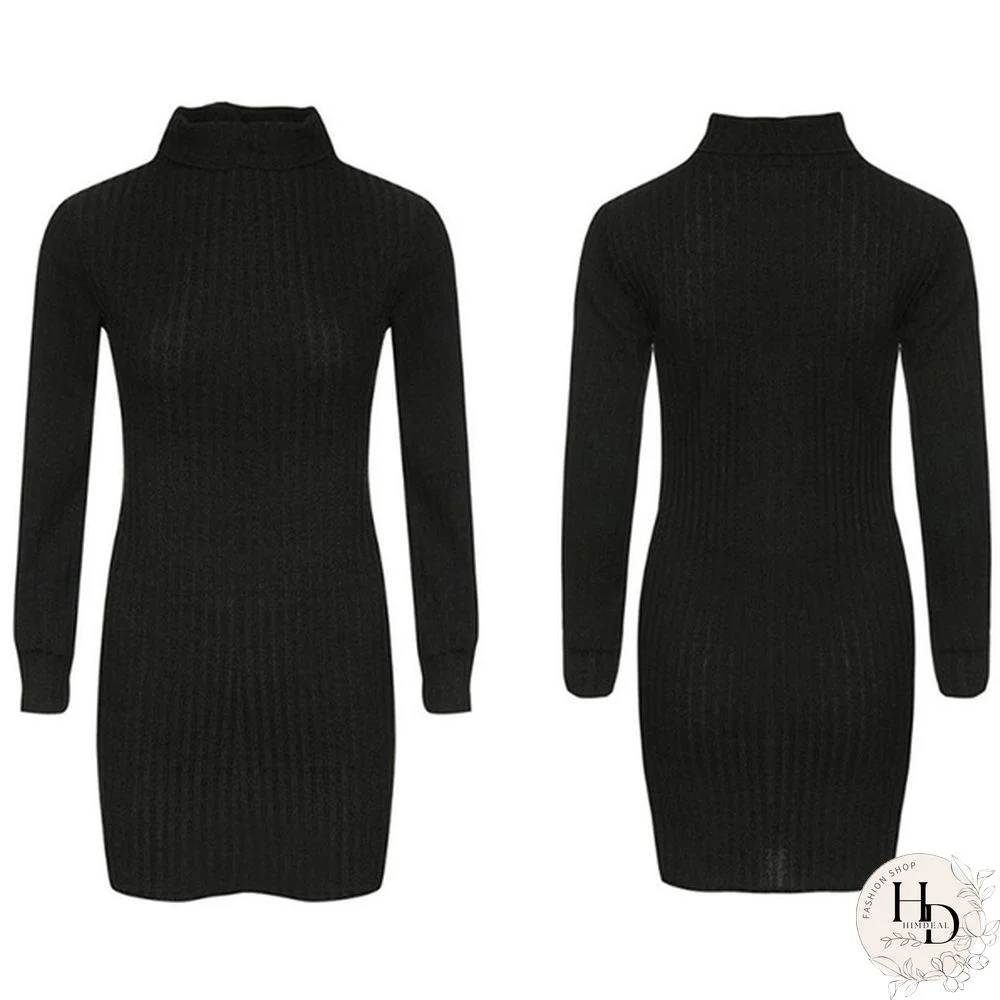 Women Autumn and Winter Long Sleeve Knitted Sweater Dress Ladies Fashion Keep Warm Knitting High Collar Slim Fit Bottoming Mini Knitting Dress