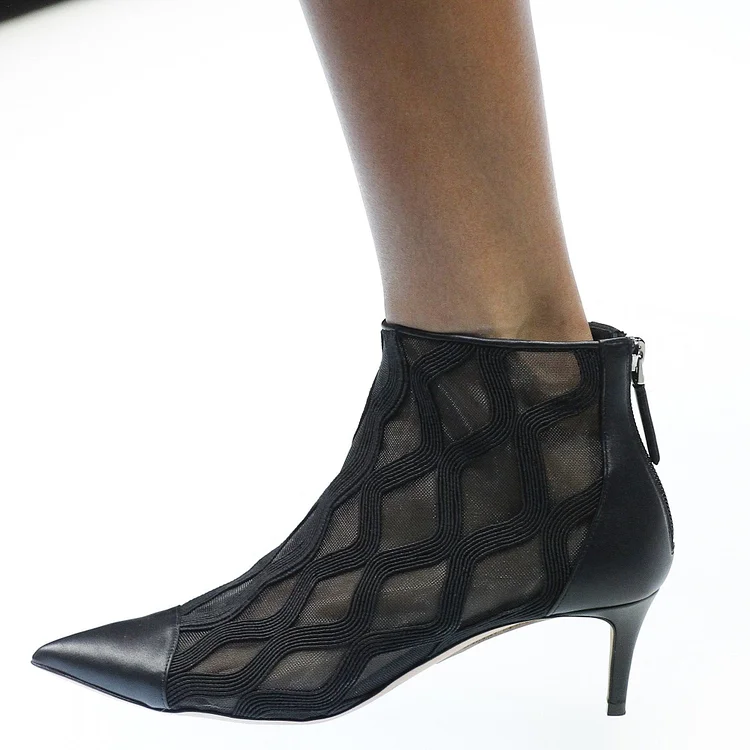 Black Curves Mesh Kitten Heel Boots Ankle Boots |FSJ Shoes