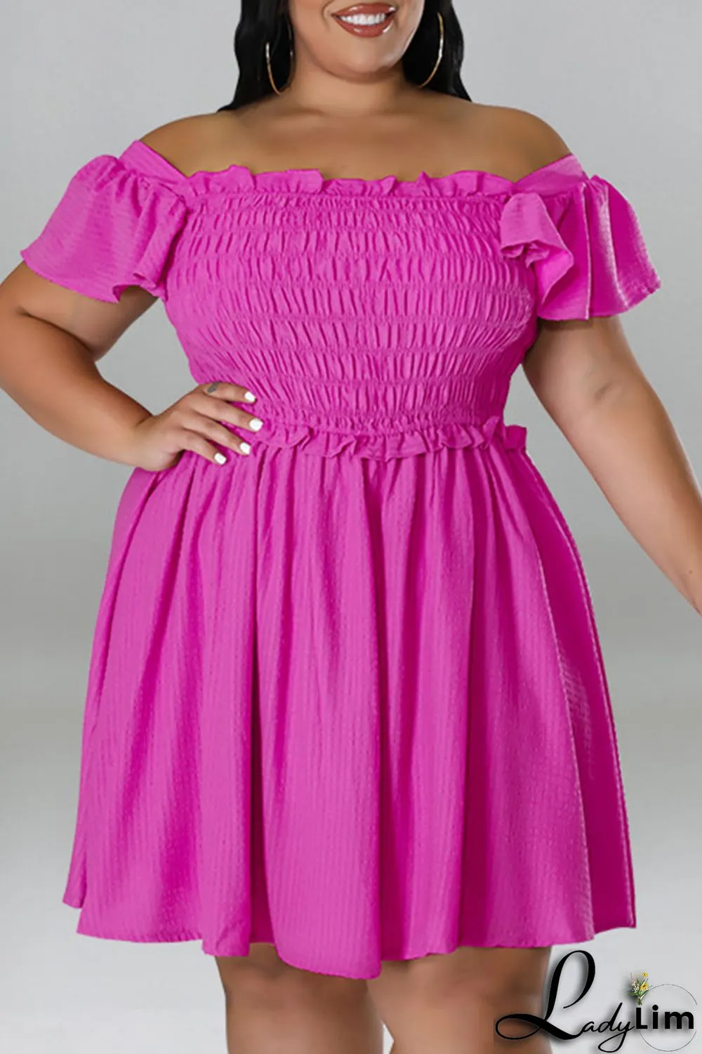 Pink Casual Sweet Solid Patchwork Fold Off the Shoulder A Line Plus Size Dresses